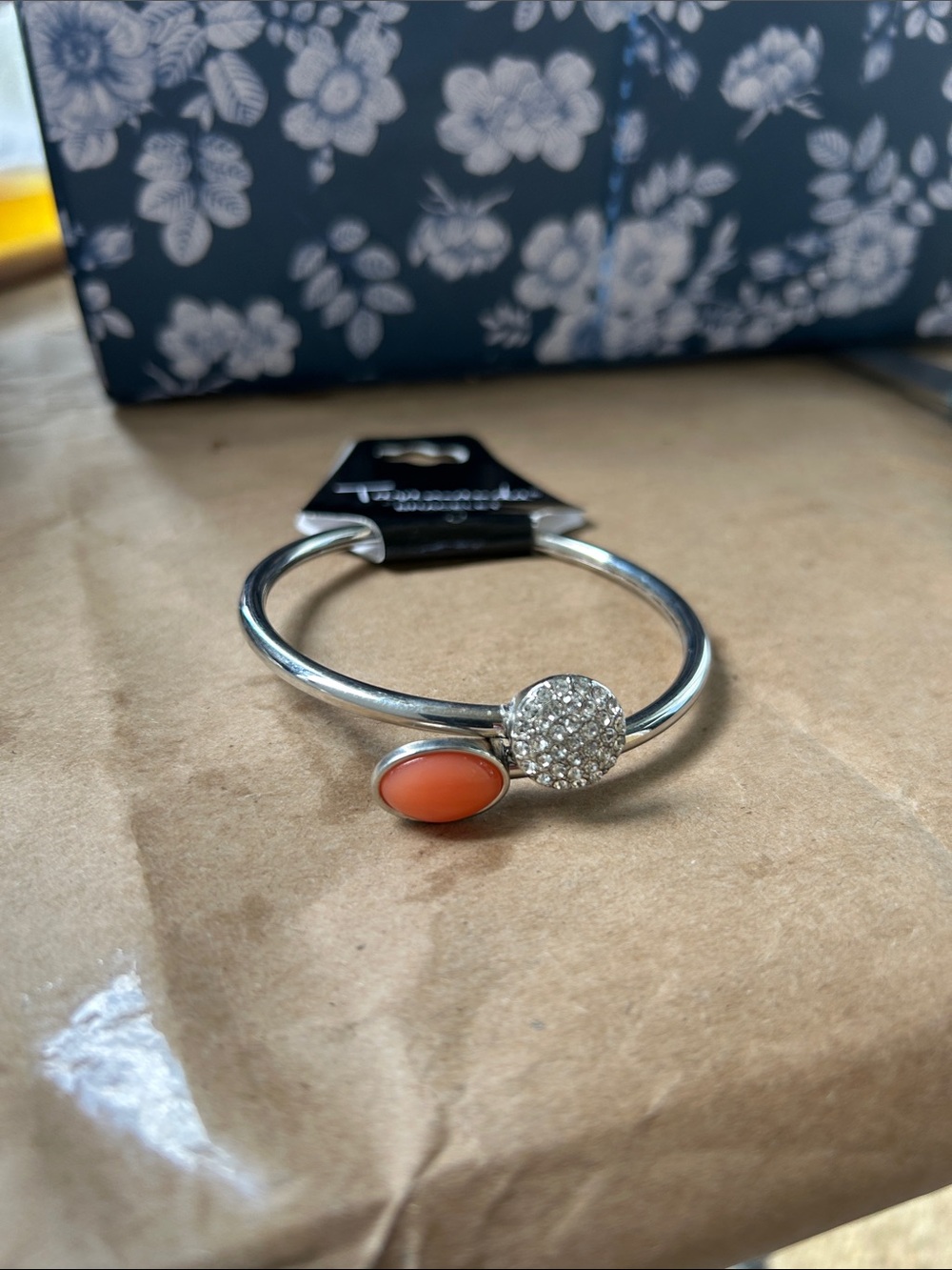 Silver-Tone Bangle Bracelet with Coral Cabochon and Pave Accent